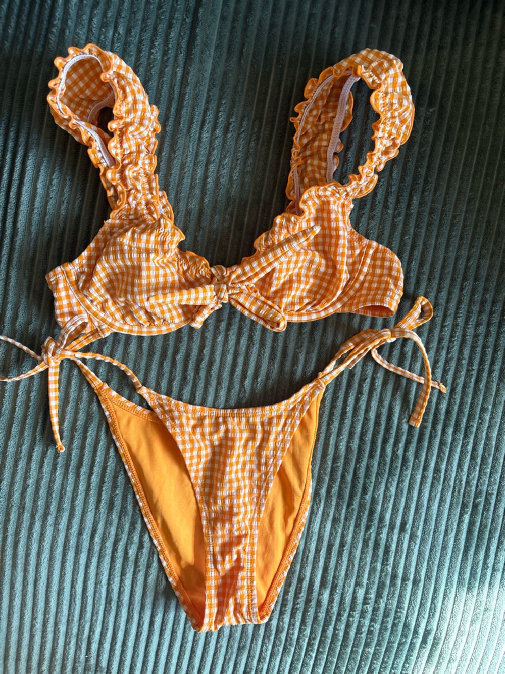 Forever 21 Orange Gingham Ruffle Tie Bikini Set